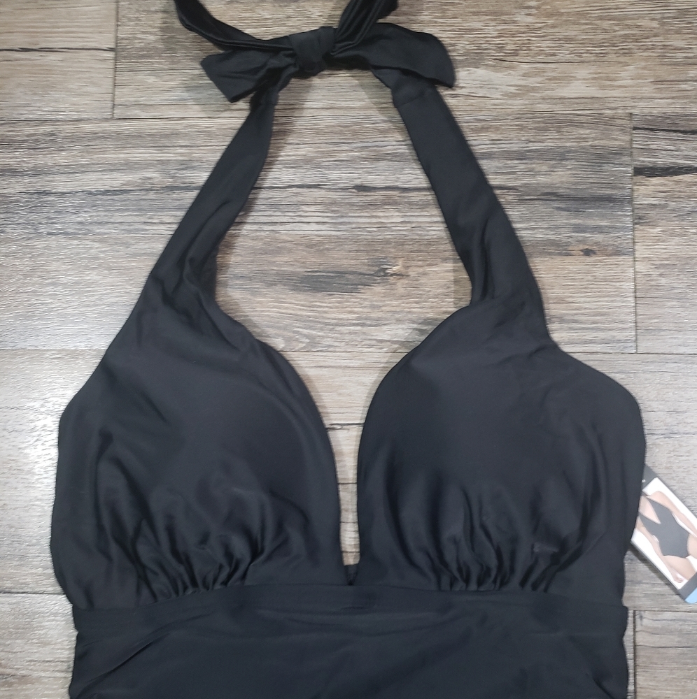 Dkny Plunge Neck Swimsuit Tummy Control One Piece Swimsuit Black Bathing Suit